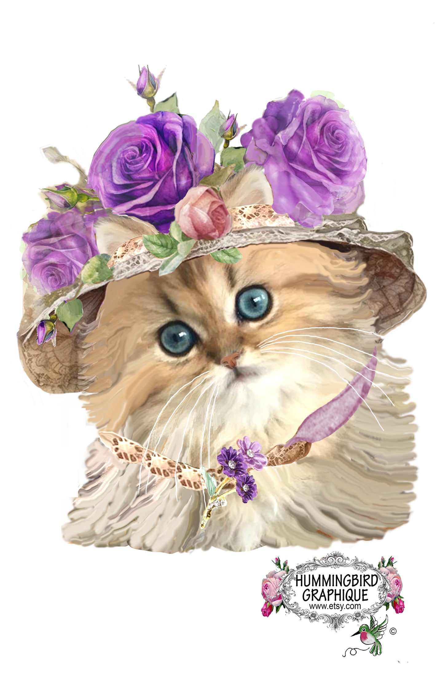 #1205 ADORABLE KITTEN WITH HAT LAVENDER ROSES AND NECKLACE - BEAUTIFUL SHABBY IMAGE