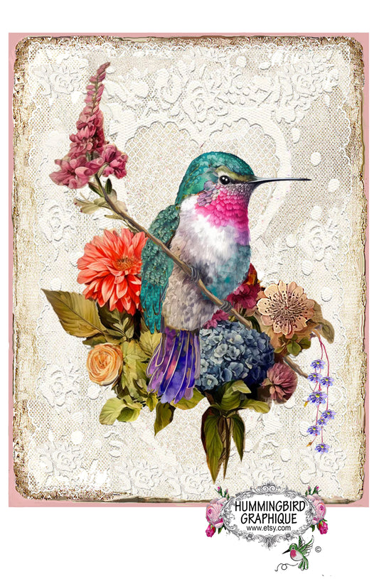 #1206 HERMOSAS FLORES DE COLIBRÍ Y ENCAJE - HERMOSA IMAGEN SHABBY