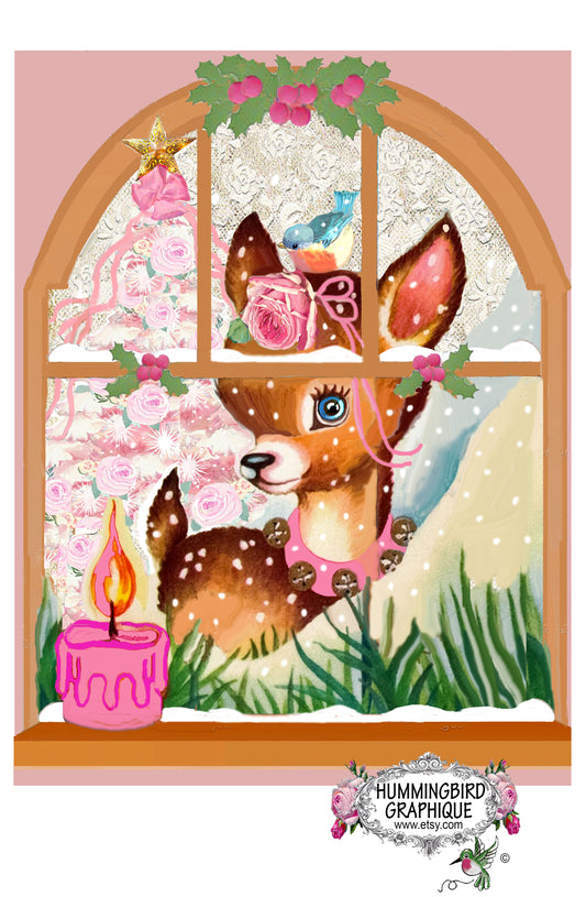 #1209 ENCHANTING BABY DEER ON SNOWY WINDOW WITH PINK CANDLE - CHRISTMAS