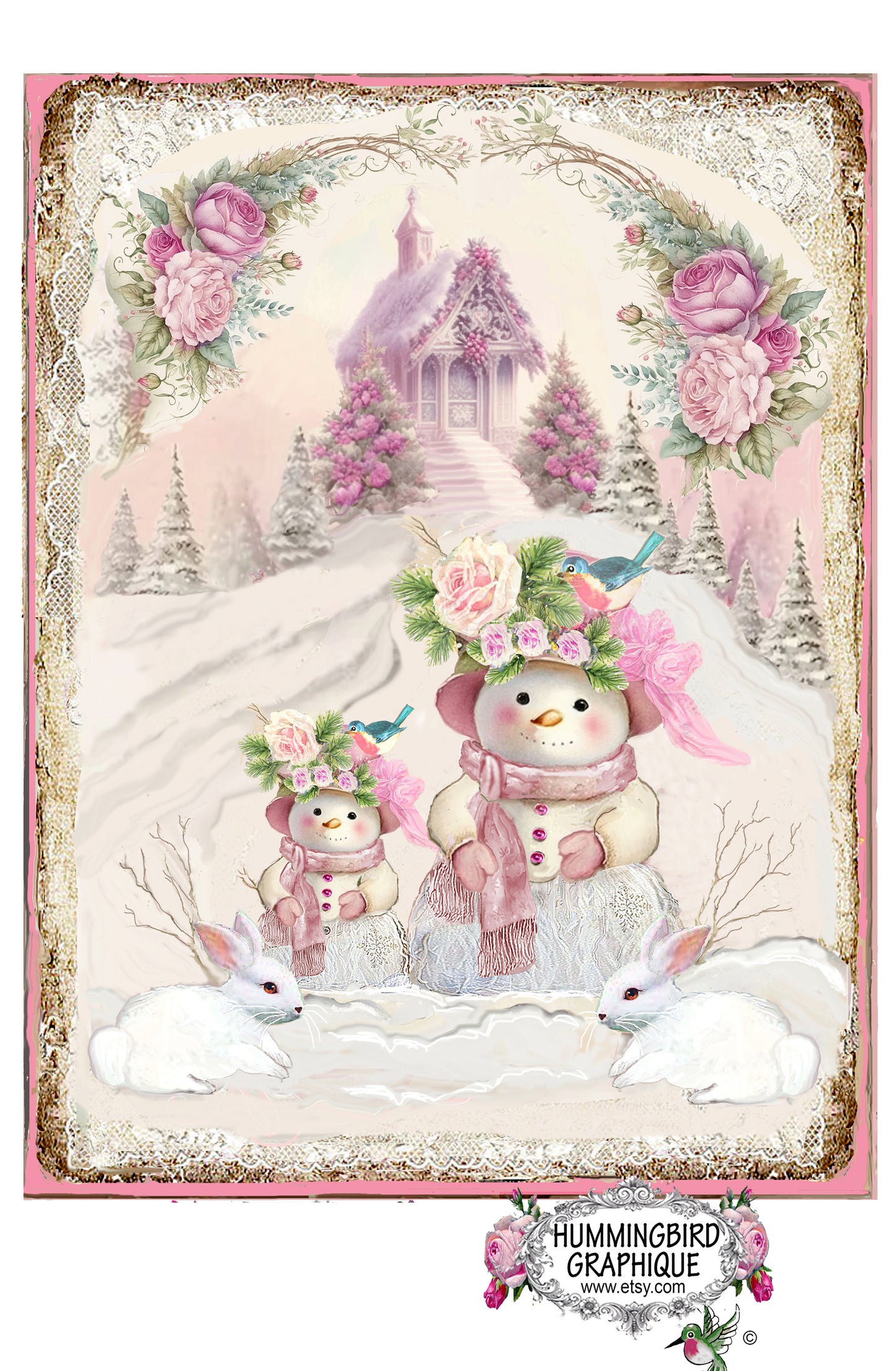 #1216Z ENCHANTING SNOWGIRLS WITH WHITE BUNNIES ON A SNOWY DAY - CHRISTMAS