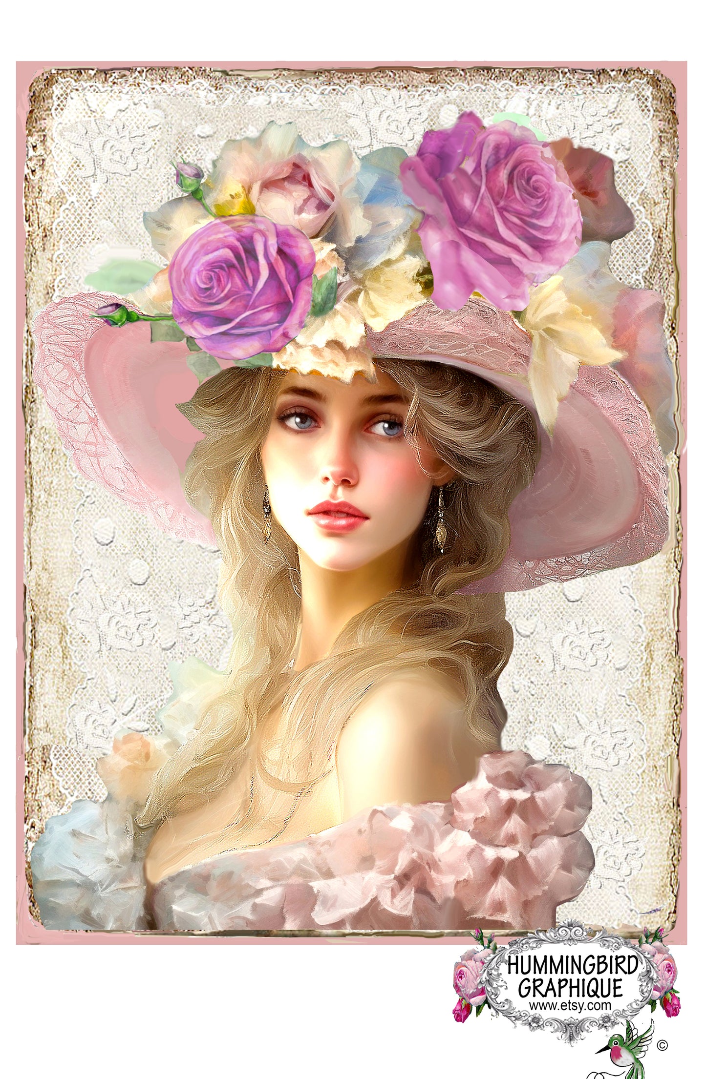 #1218 BELLE DAME VICTORIENNE AVEC CHAPEAU ROSE ET ROSES - BELLE IMAGE SHABBY