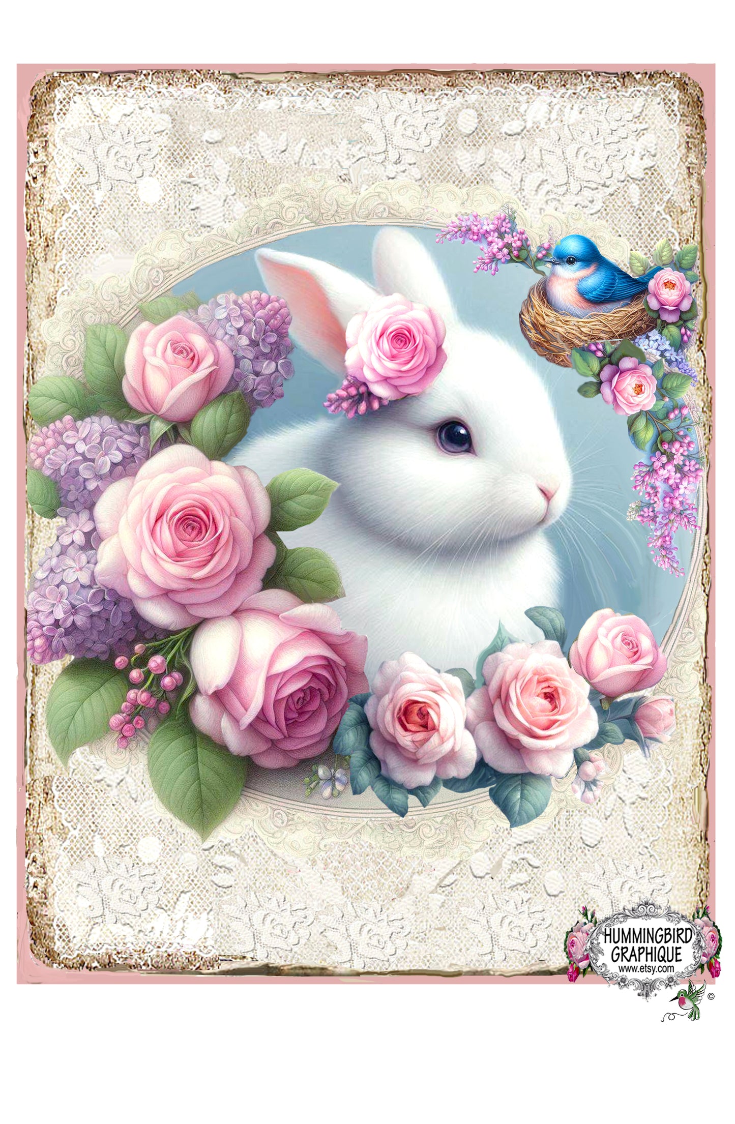 #1222B BEAUTIFUL BUNNY WITH ROSES LILACS AND BLUEBIRD IN NEST- BUNNIES