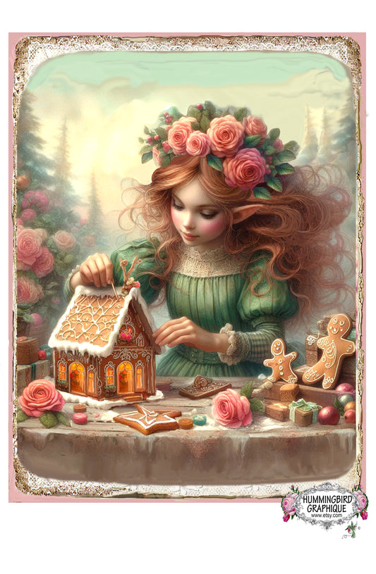 #1222E ENCHANTING LITTLE GIRL ELF MAKING A GINGERBREAD HOUSE IN HER BAKE SHOP - CHRISTMAS