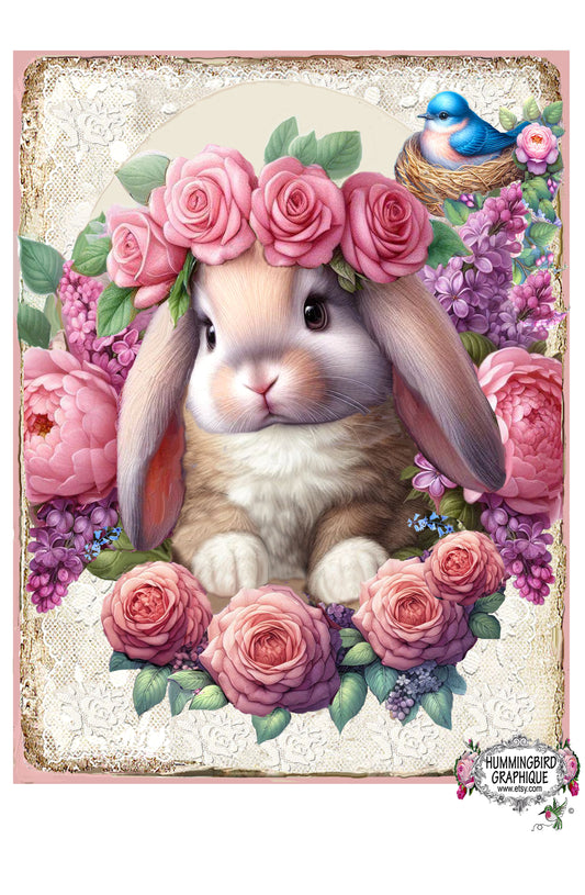 #1222F BEAUTIFUL FLOPPY EAR BABY BUNNY WITH BLUEBIRD IN NEST - BUNNIES