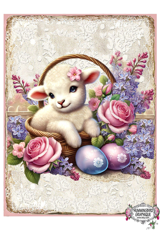 #1222LL BEAUTIFUL BABY LAMB WITH ROSES LILACS EASTER EGGS AND EASTER BASKET - BEAUTIFUL SHABBY IMAGE