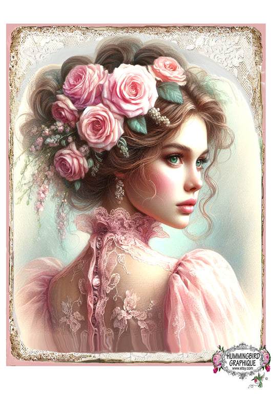 #1222my  BEAUTIFUL VICTORIAN WOMAN IN PINK SHEER LACE- BEAUTIFUL SHABBY IMAGE