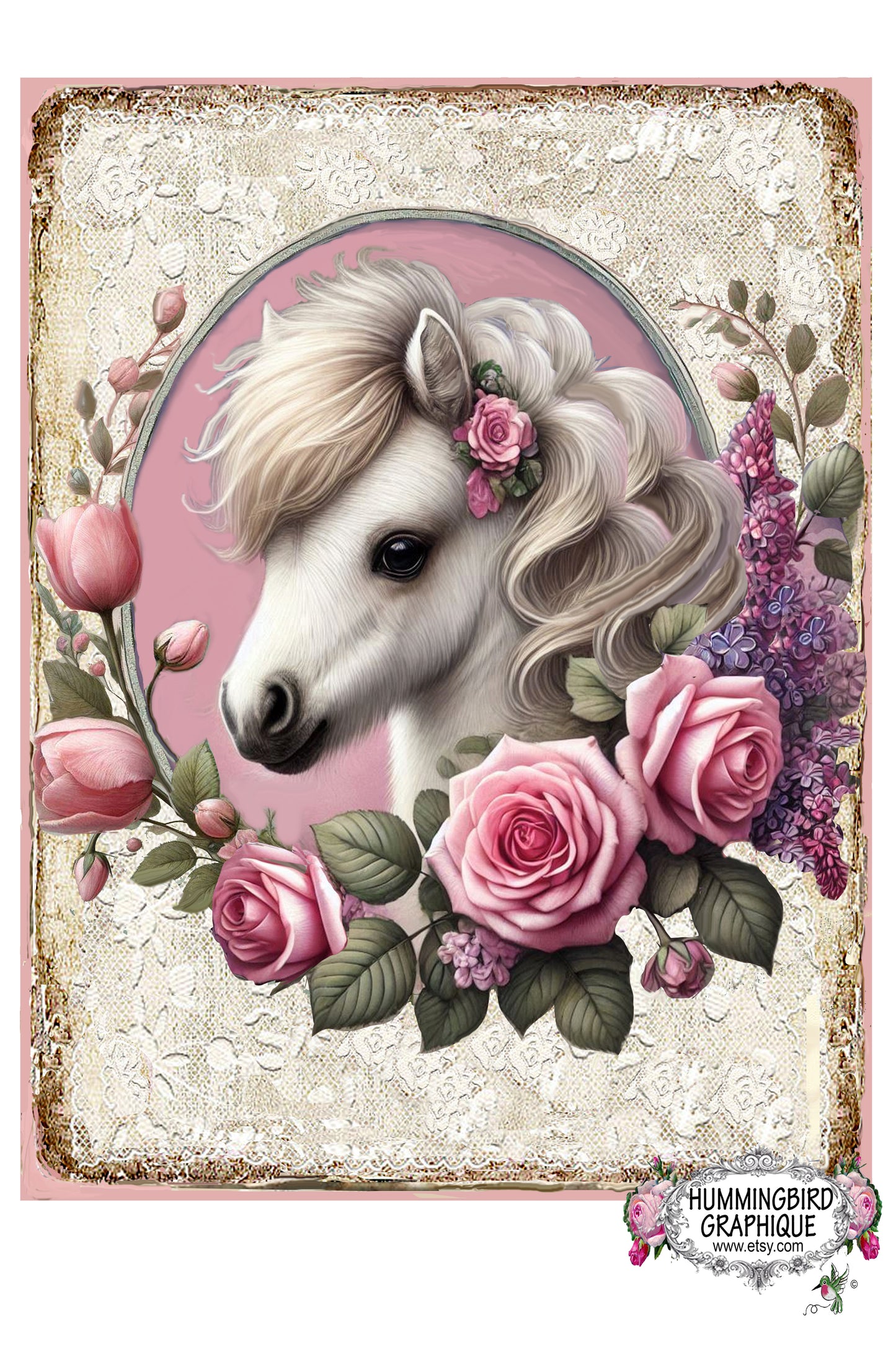 #1222PPP BEAUTIFUL BABY PRANCING PONY WITH ROSES TULIPS LILACS AND LACE - BEAUTIFUL SHABBY IMAGE