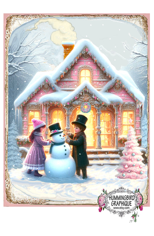 #1222SK BEAUTIFUL PINK VICTORIAN HOUSE WITH VICTORIAN CHILDREN BUILDING A SNOWMAN ON A SNOWY DAY- CHRISTMAS