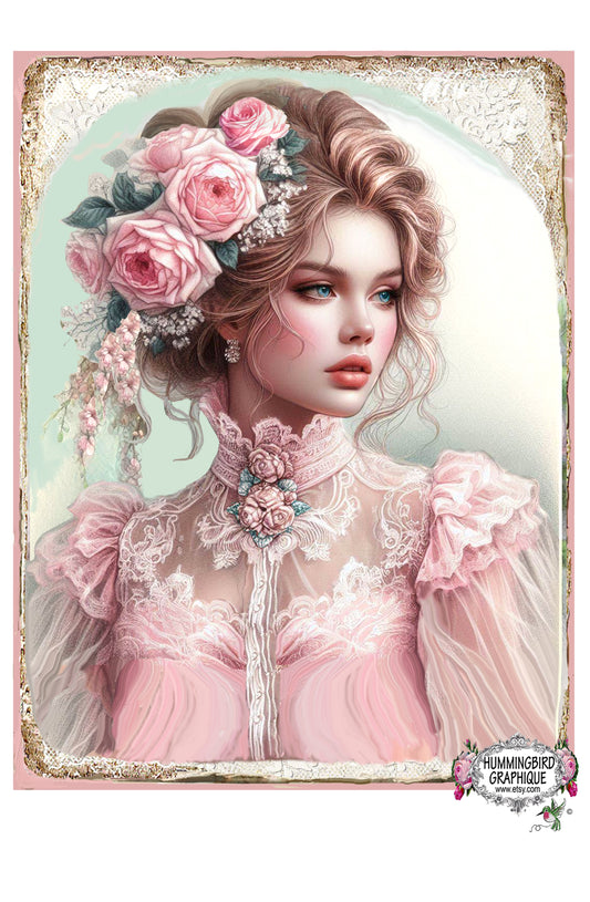 #1222SP BEAUTIFUL VICTORIAN LADY IN PINK SHEER BLOUSE- BEAUTIFUL SHABBY IMAGE