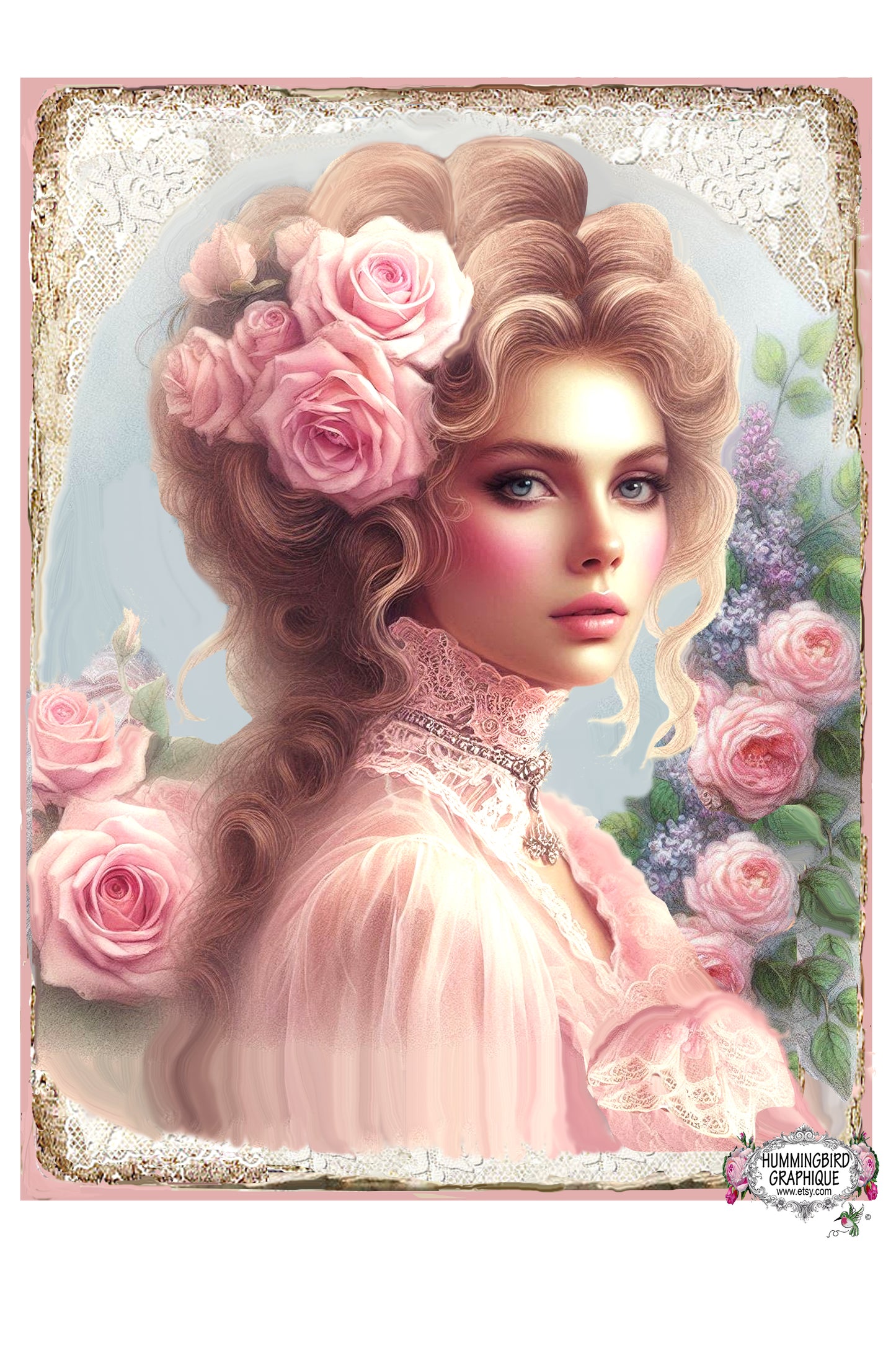 #1222X BEAUTIFUL VICTORIAN LADY WITH LILACS AND ROSES - BEAUTIFUL SHABBY IMAGE