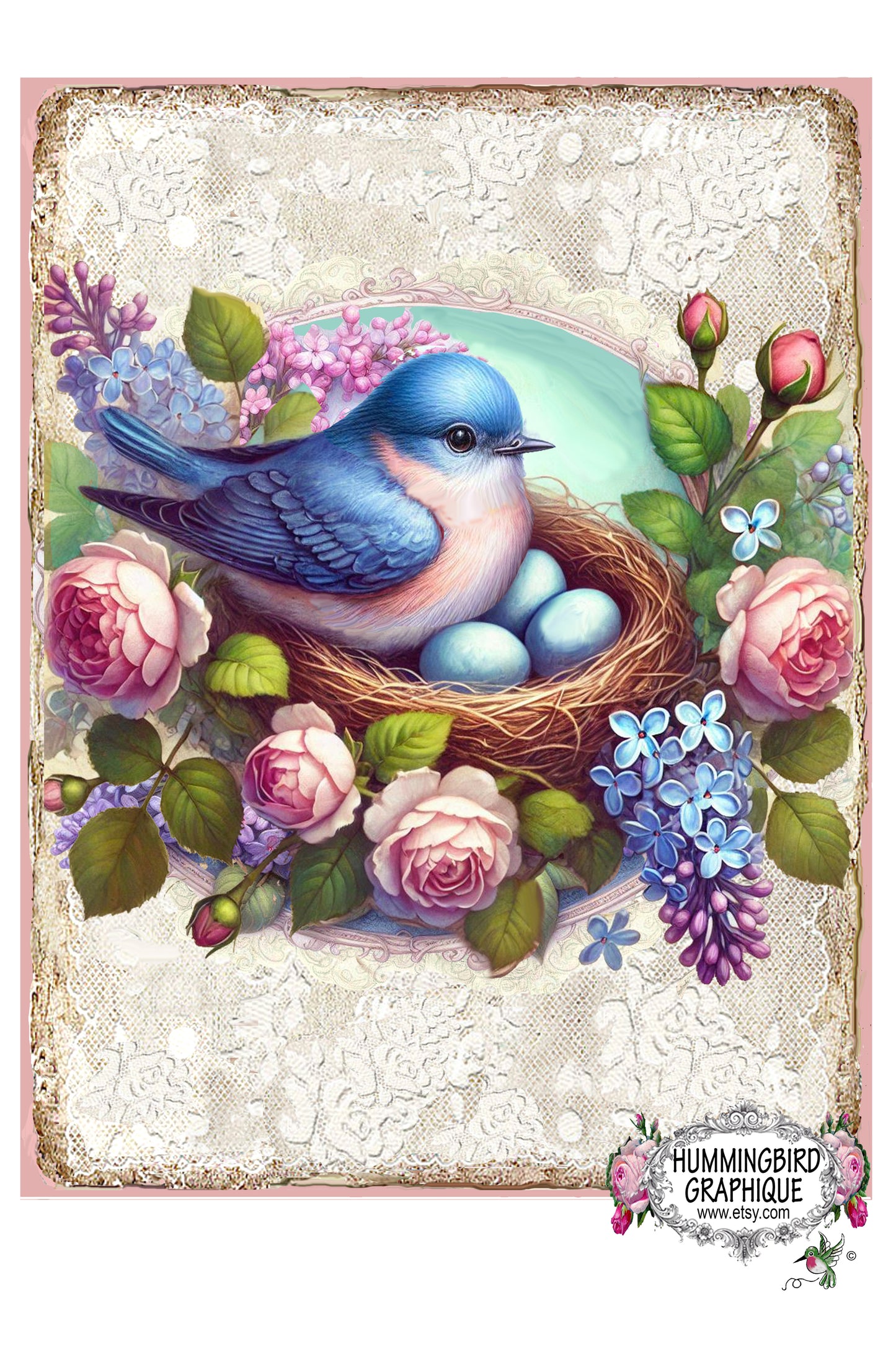 #1222BC BEAUTIFUL BLUEBIRD IN MY HEART WITH NEST AND EGGS - BEAUTIFUL SHABBY IMAGE