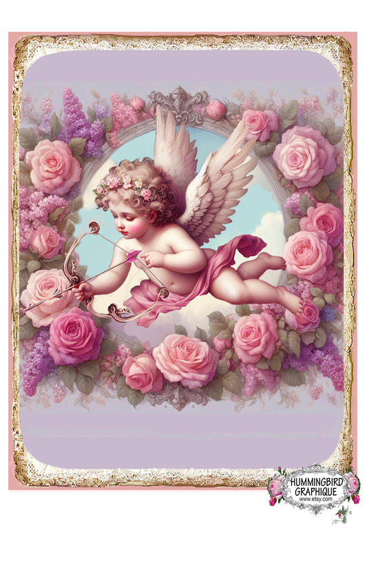 #1222CV BEAUTIFUL CUPID WITH BOW AND ARROW WITH ROSES AND LILACS - BEAUTIFUL SHABBY IMAGE