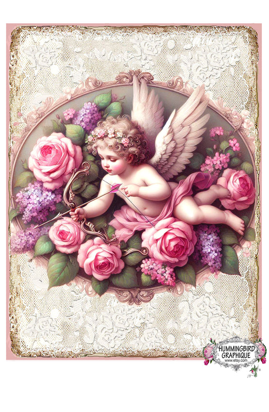 #1222CC BEAUTIFUL CUPID WITH BOW AND ARROW AND BEAUTIFUL ROSES - BEAUTIFUL SHABBY IMAGE
