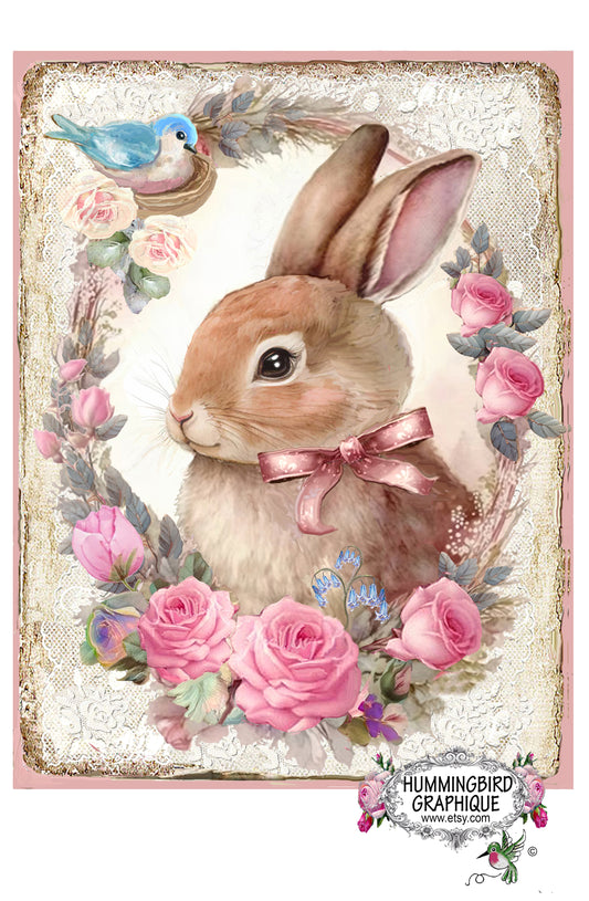 #1225 PRECIOUS BUNNY WITH BLUEBIRD IN NEST WITH ROSES - BUNNIES