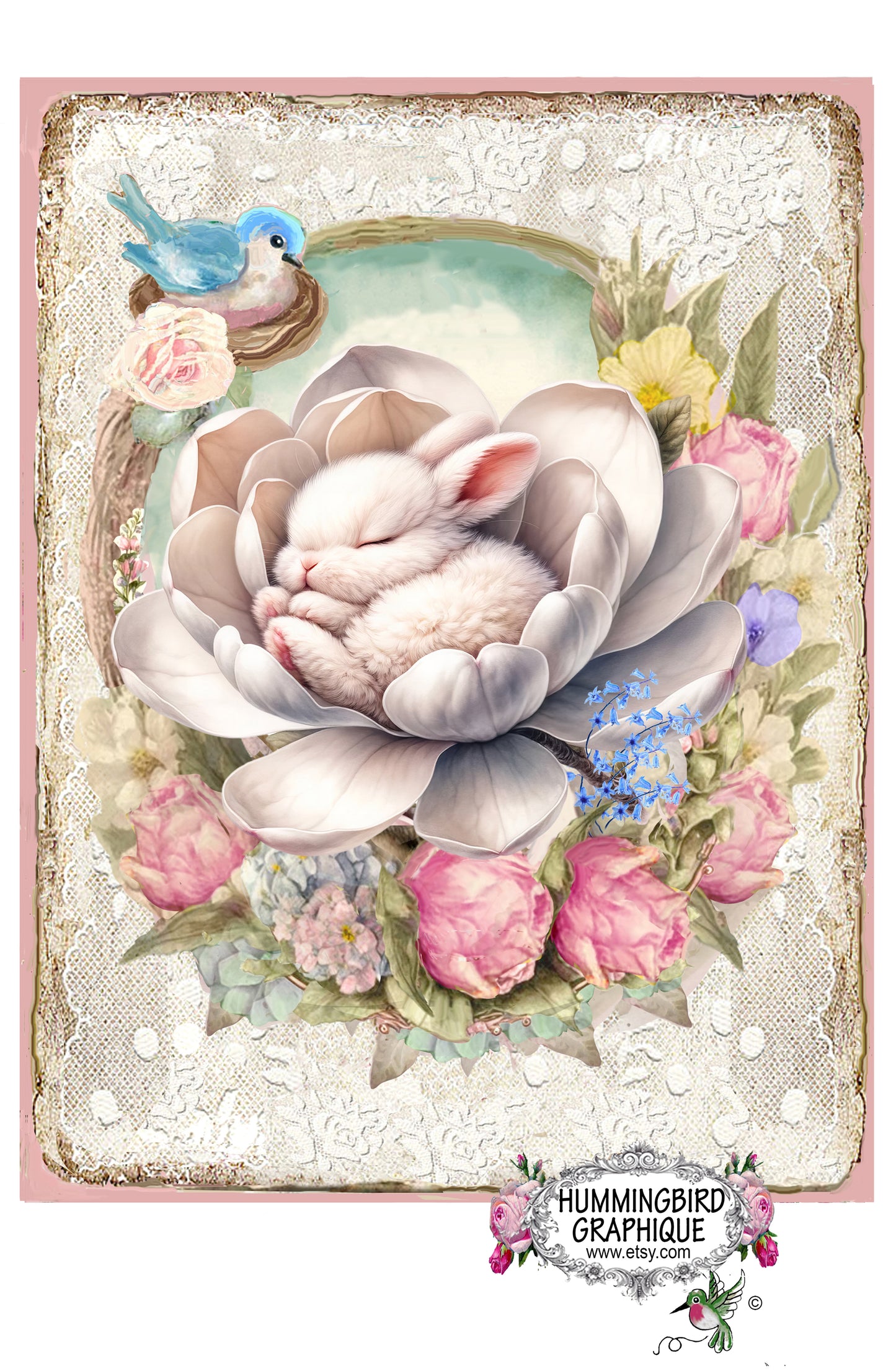 #1229 PRECIOUS BABY BUNNY ASLEEP IN MAGNOLIA BLOOM WITH BLUEBIRD AND NEST- BEAUTIFUL SHABBY IMAGE