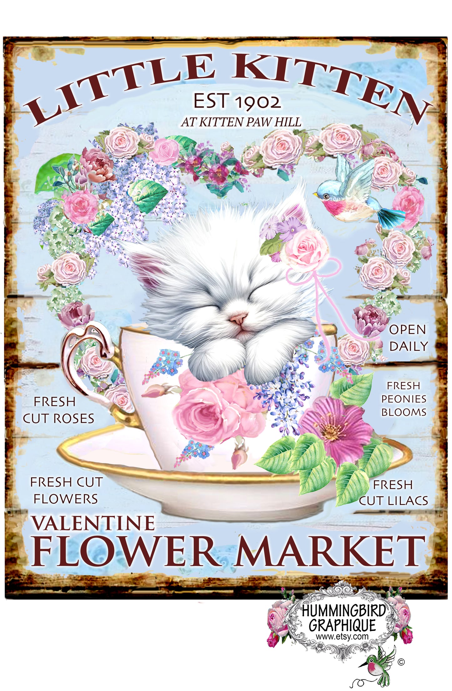 #1230 LITTLE KITTEN VALENTINE FLOWER MARKET WOODEN SIGN- COUNTRY IMAGE