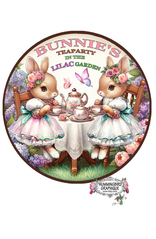 #1238 BUNNIES TEAPARTY IN THE LILAC GARDEN DOOR HANGER - CIRCLE DOOR HANGER