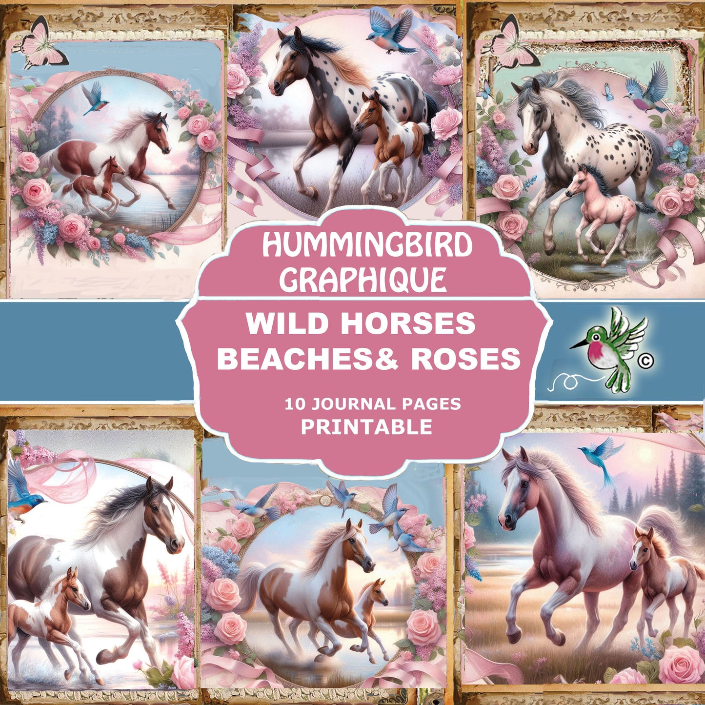 #1265 BEAUTIFUL WILD HORSES, BEACHES, & ROSES JUNK JOURNAL - Junk Journal