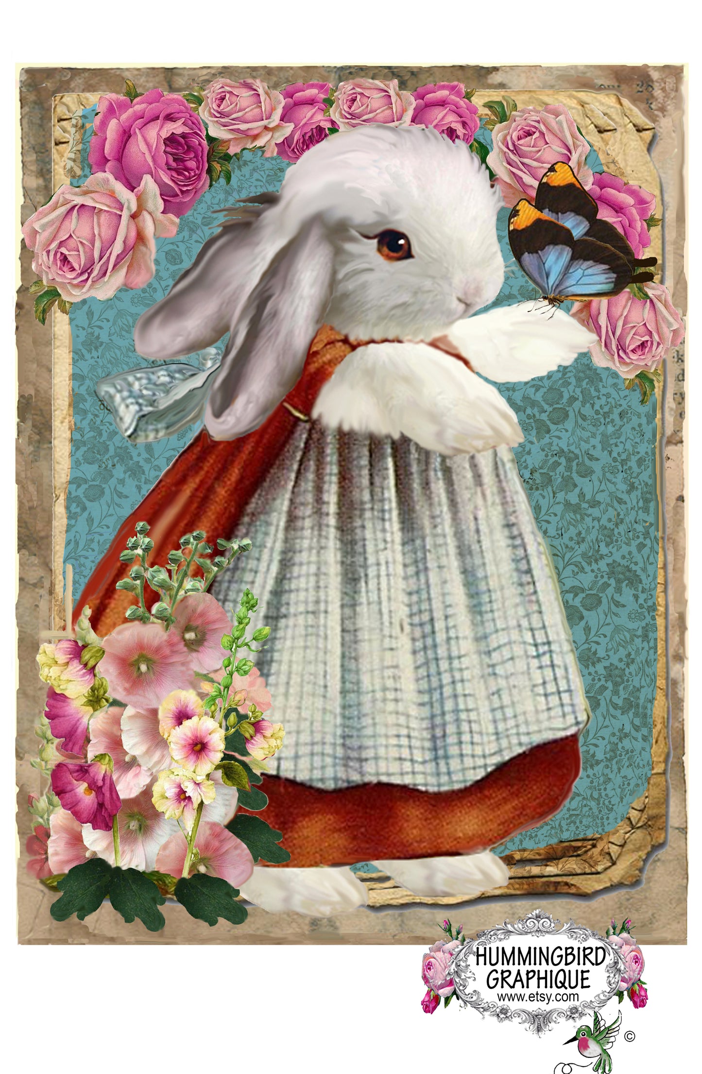 #14 BUNNY WITH BUTTERFLY ROSES AND HOLLY HOCCKS -  BUNNIES