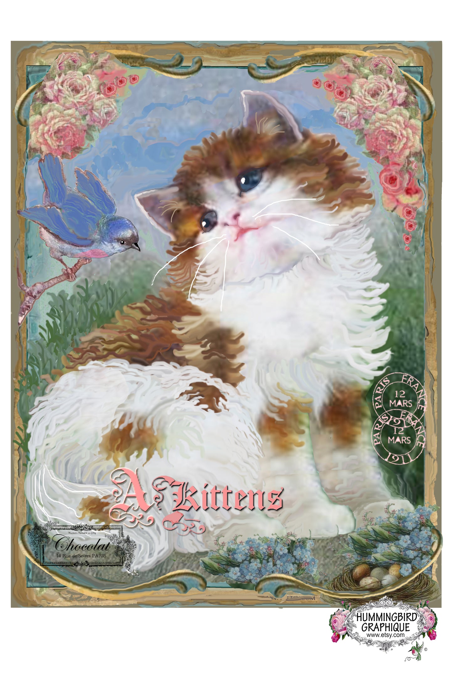 #169 BEAUTIFUL KITTEN WITH BLUEBIRD - ANIMALS