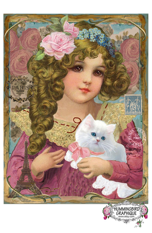 #178 HERMOSA NIÑA Y SU GATITO- HERMOSA IMAGEN SHABBY