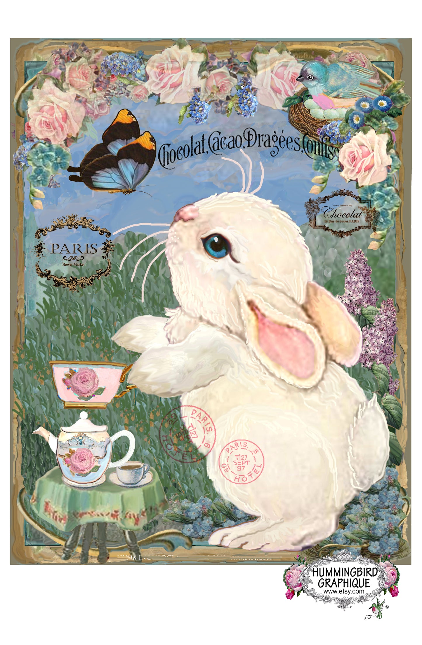 #214 BEAUTIFUL BUNNY TEAPARTY WITH BUTTERFLY - BEAUTIFUL SHABBY IMAGE