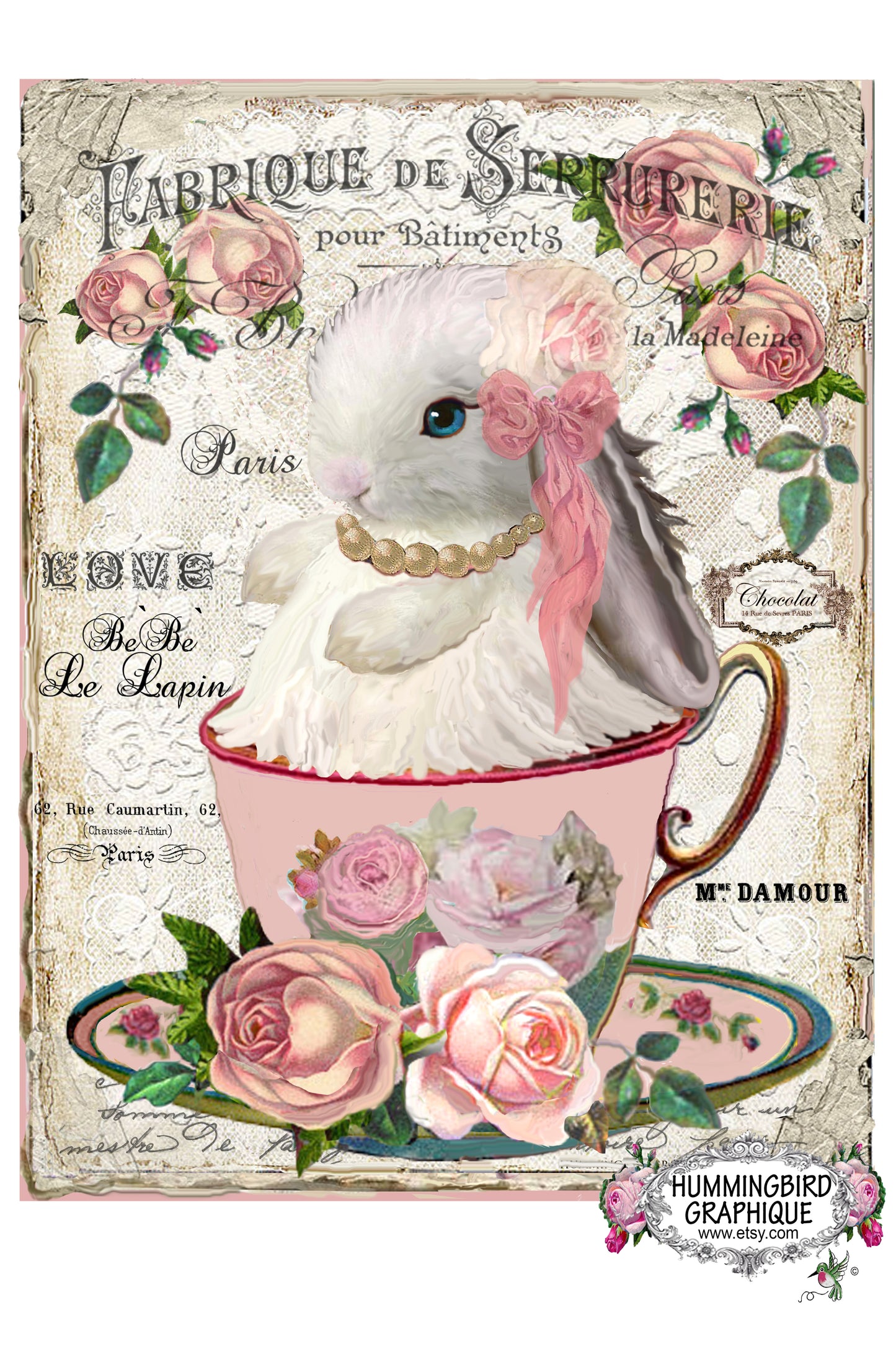 #218 BABY BUNNY IN TEACUP WITH ROSES - BEAUTIFUL SHABBY IMAGE