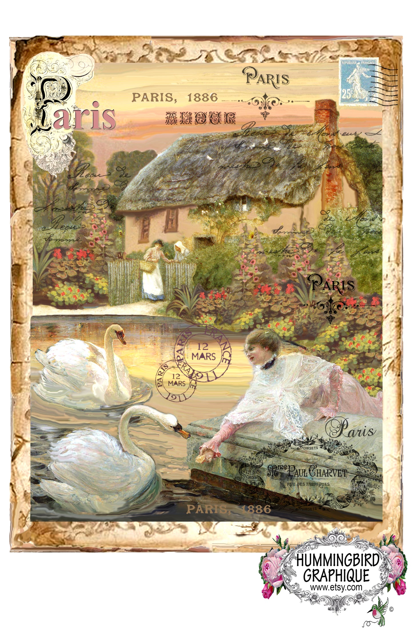 #240 BEAUTIFUL COTTAGE GARDEN LADY FEEDING SWANS - BEAUTIFUL SHABBY IMAGE