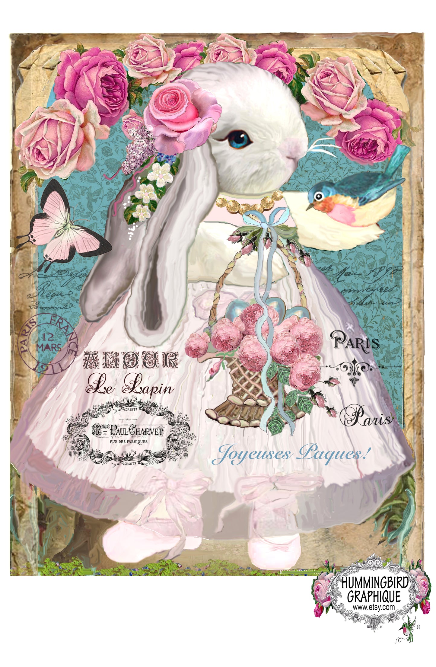 #245 BEAUTIFUL BUNNY WITH ROSES AND BUTTERFLY - BEAUTIFUL SHABBY IMAGE