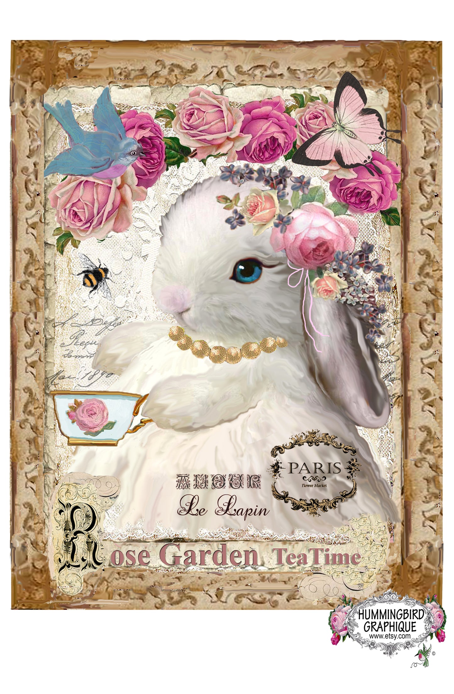 #247 BABY BUNNY WITN ROSES AND BLUEBIRD - BEAUTIFUL SHABBY IMAGE