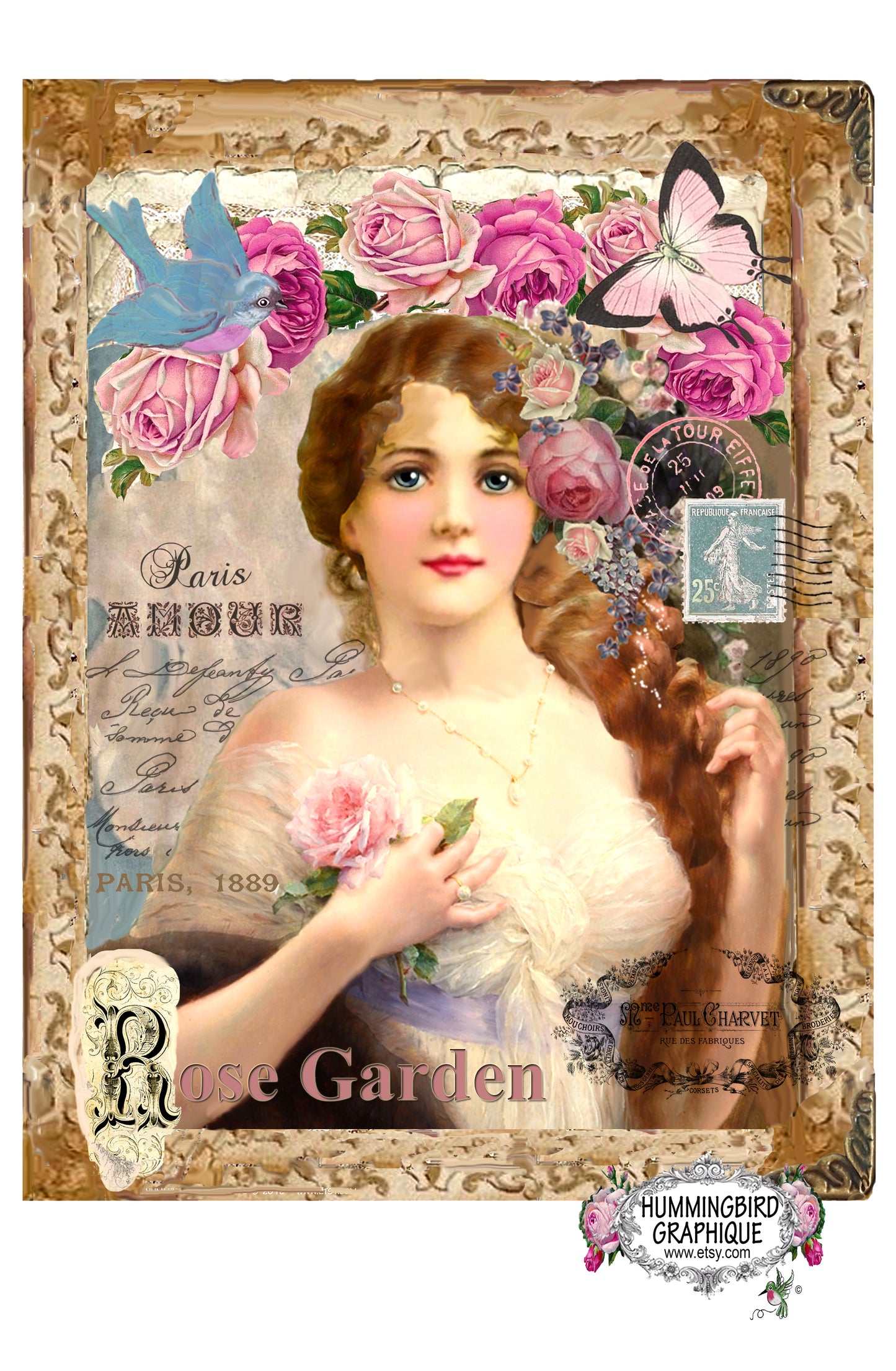 #248 BEAUTIFUL GIRL WITH ROSES BLUEBIRD -BEAUTIFUL SHABBY IMAGE