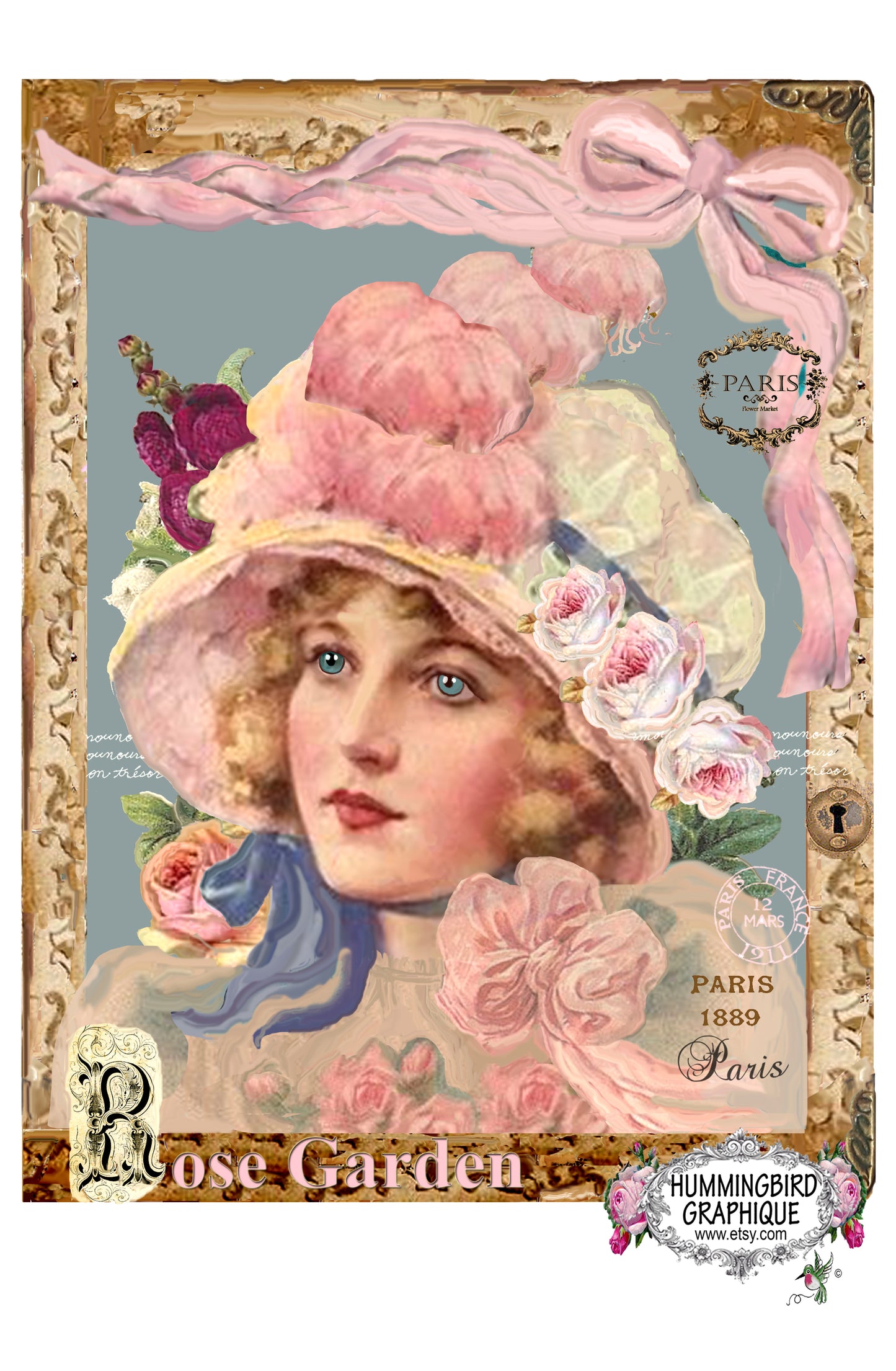 #262 DAMA DEL JARDÍN DE ROSAS CON SOMBRERO - HERMOSA IMAGEN SHABBY