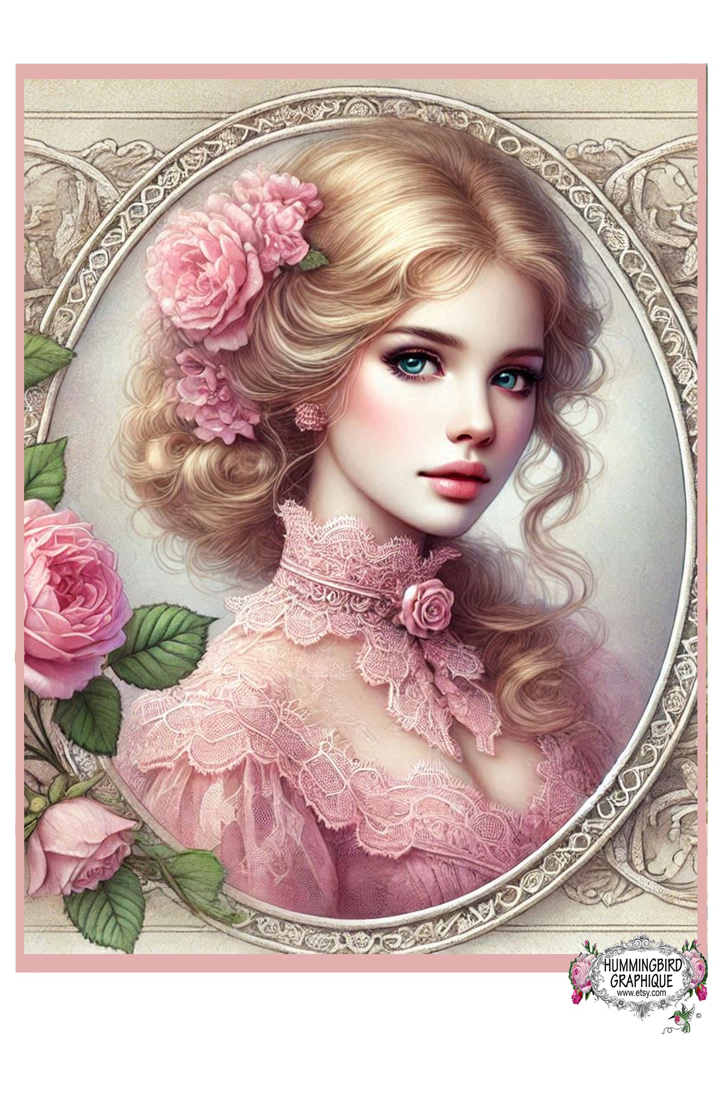 #301BLA BEAUTIFUL VICTORIAN LADY IN SHEER PINK BLOUSE AND ROSES- BEAUTIFUL SHABBY IMAGE