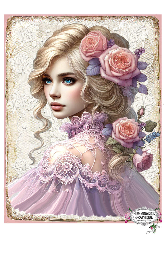 #301BWWW BEAUTIFUL VICTORIAN LADY IN SHEER LAVENDER LACE BLOUSE WITH PINK ROSES ON LACE- BEAUTIFUL SHABBY IMAGE