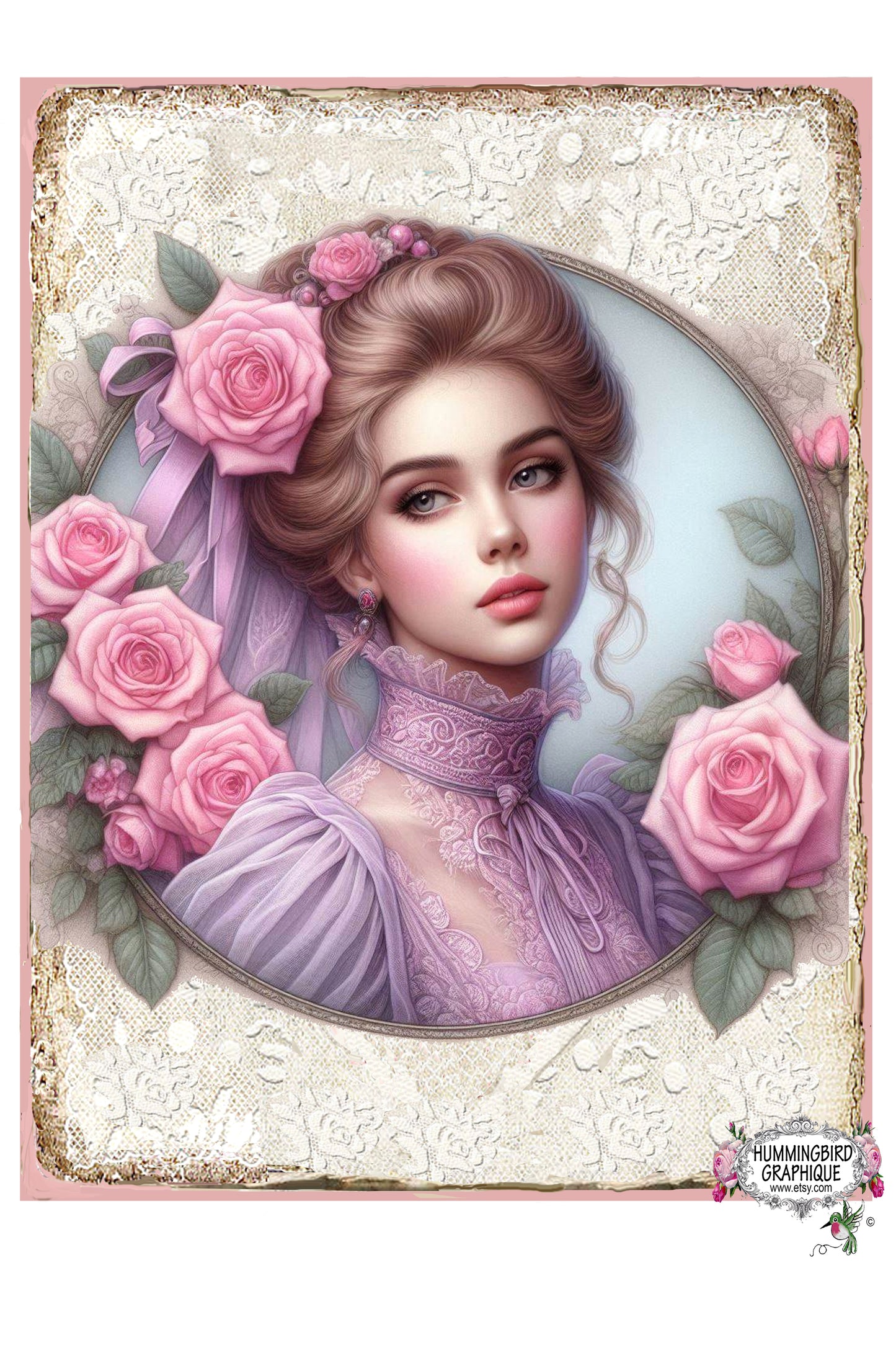 #301BWW BEAUTIFUL VICTORIAN LADY IN LAVENDER SHEER BLOUSE WITH PINK ROSES ON LACE - BEAUTIFUL SHABBY IMAGE