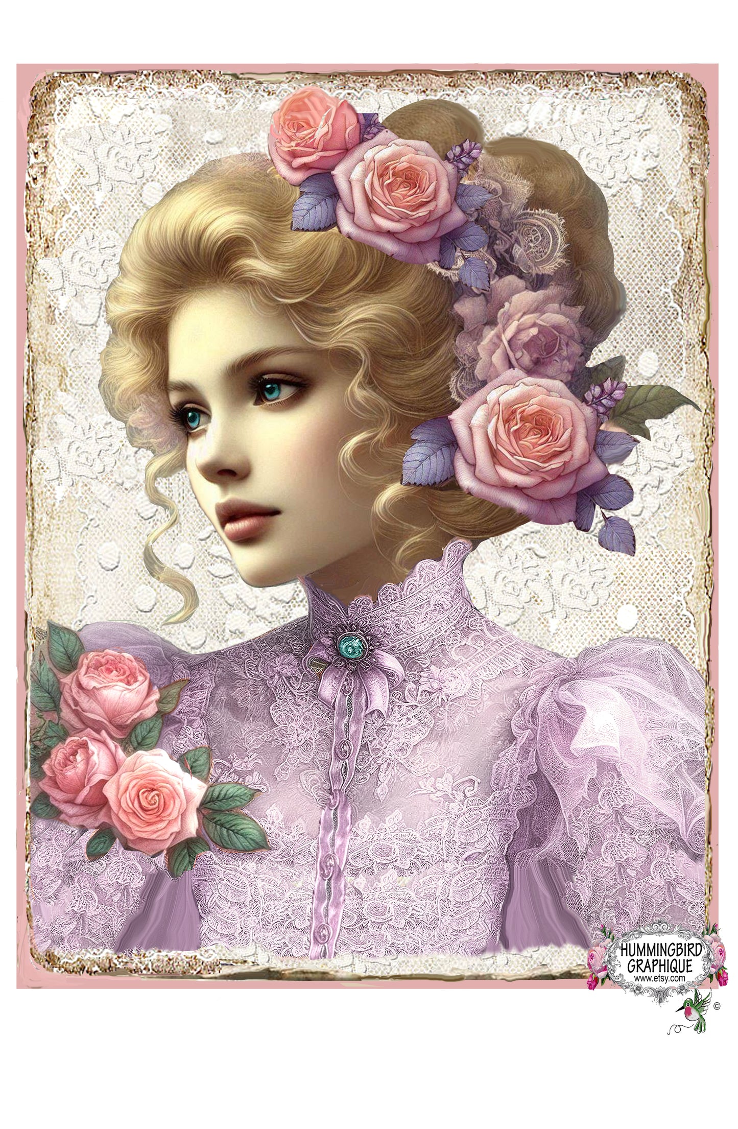 #301BW BEAUTIFUL VICTORIAN LADY WITH PINK ROSES LAVENDER BLOUSE ON LACE - BEAUTIFUL SHABBY IMAGE