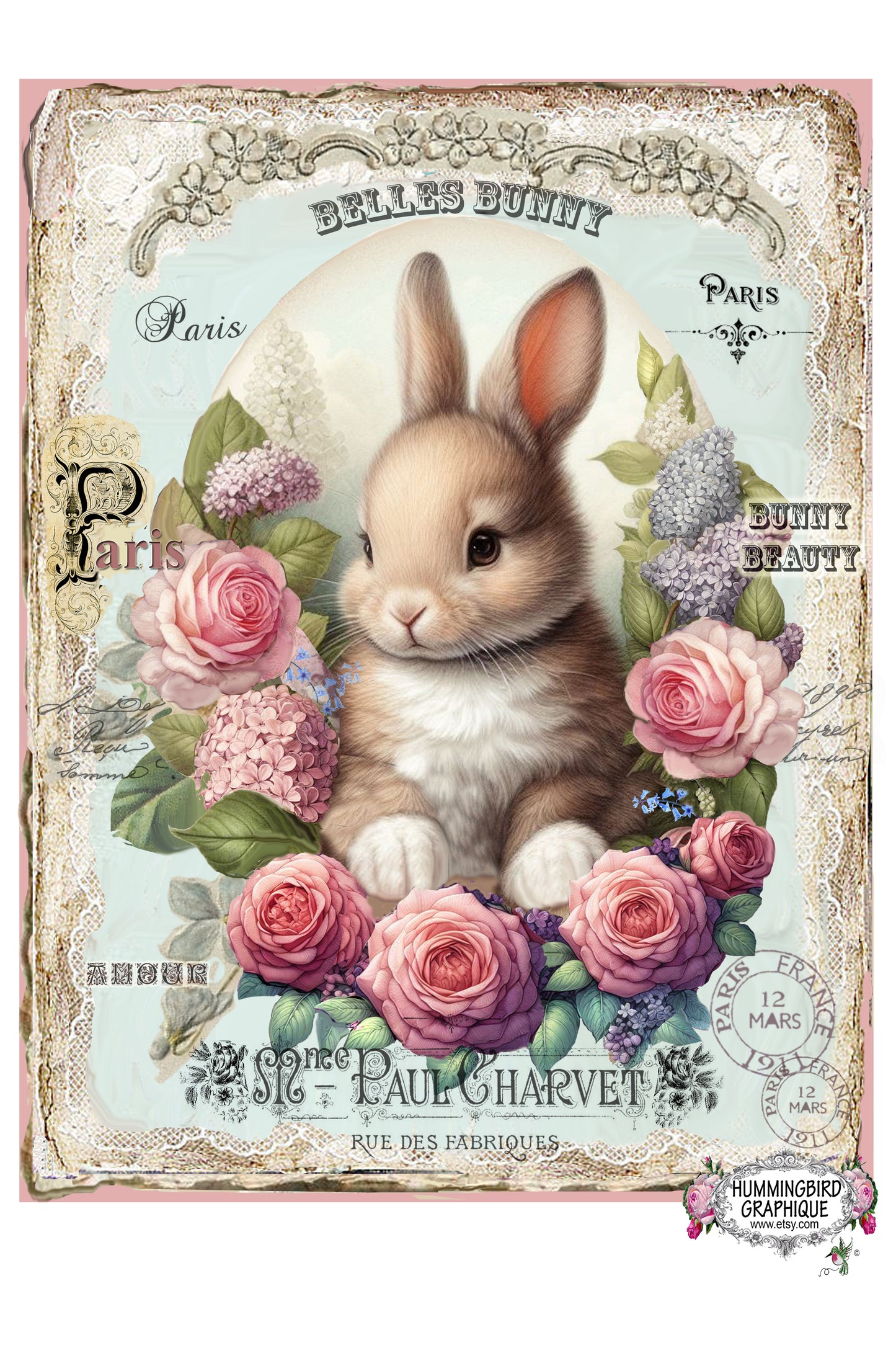 #301B PRECIOUS BABY BUNNY WITH FRENCH WORDS ON LACE - BUNNIES