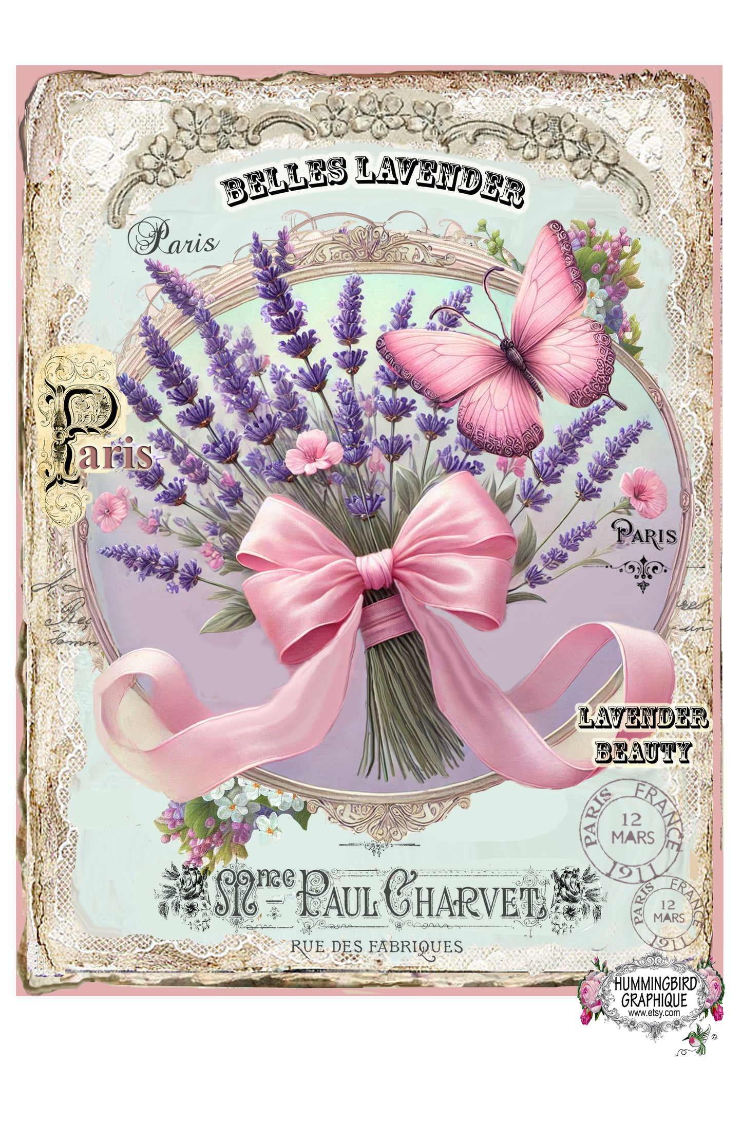 #301L BEAUTIFUL LAVENDER WITH PINK SHEER BOW ON LACE WITH FRENCH WORDS -BEAUTIFUL SHABBY IMAGE