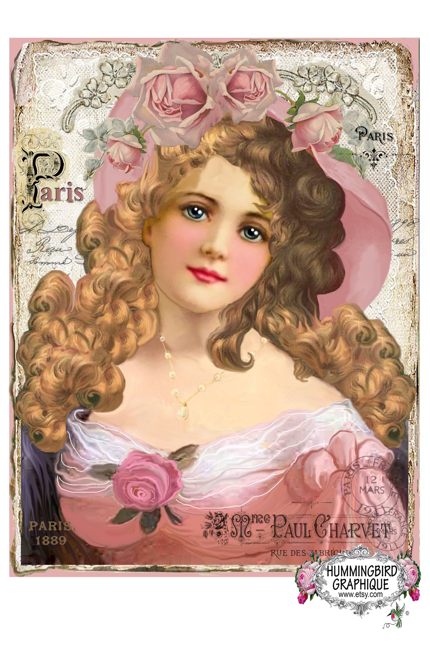 #306 HERMOSA CHICA DE JARDÍN CON ROSAS Y SOMBRERO ROSA - HERMOSA IMAGEN SHABBY