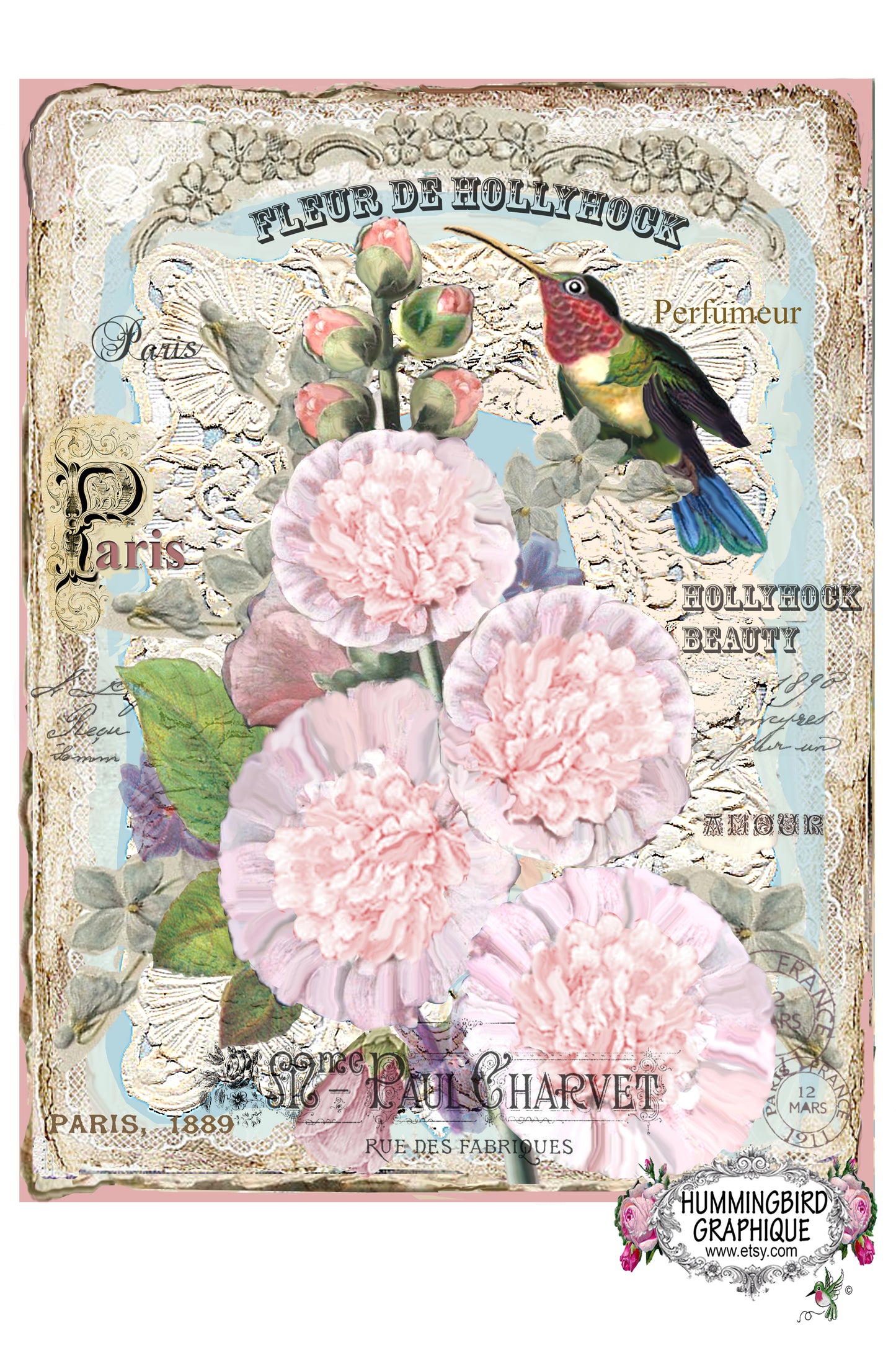 #313 BEAUTIFUL HOLLYHOCK WITH HUMMINGBIRD - BEAUTIFUL SHABBY IMAGE