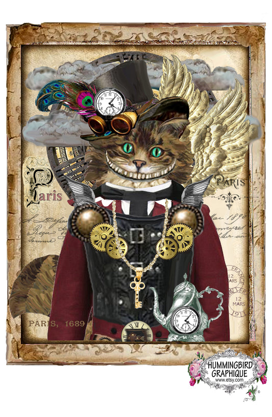 #341 STEAMPUNK CHESHIRE CAT AVEC THÉIÈRE - STEAMPUNK