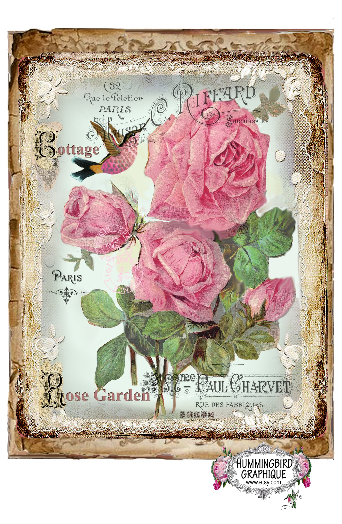 #350 BELLES ROSES DE JARDIN DE ROSÉES AVEC COLIBRI - BELLE IMAGE SHABBY