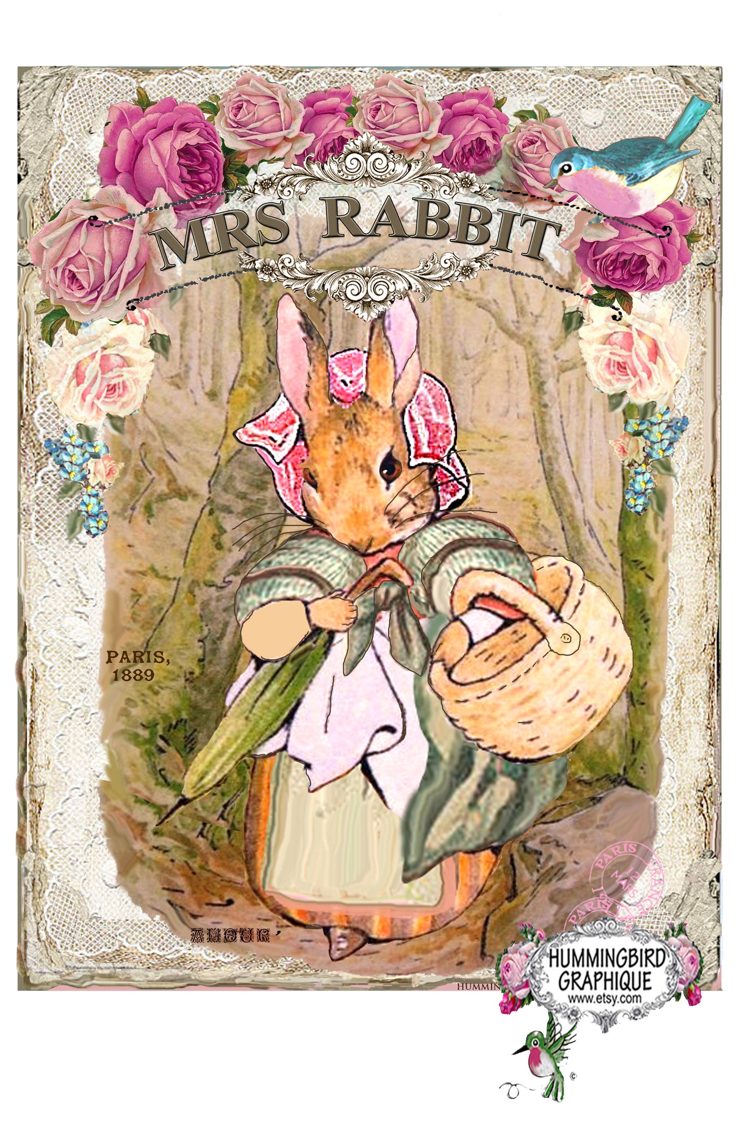 #407 MRS RABBIT WITH BLUEBIRD HER BASKET AND UMBRELLA - BUNNIES