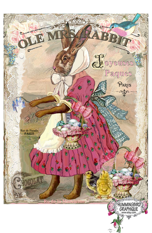 #408 OLE MRS RABBIT AVEC PANIER DE PÂQUES ET POUSSINS - IMAGE DE CAMPAGNE