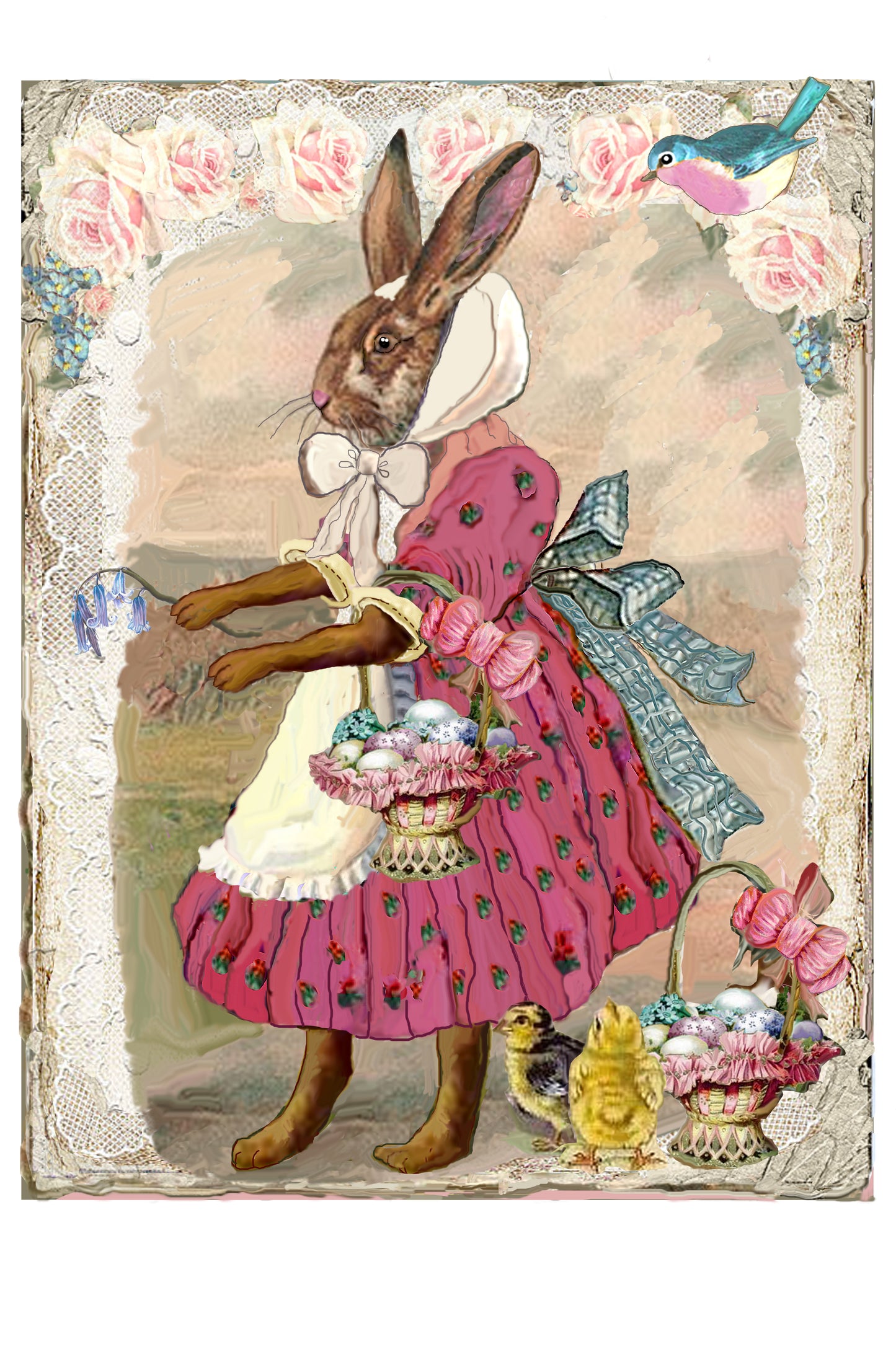 #408 OLE MRS RABBIT AVEC PANIER DE PÂQUES ET POUSSINS - IMAGE DE CAMPAGNE