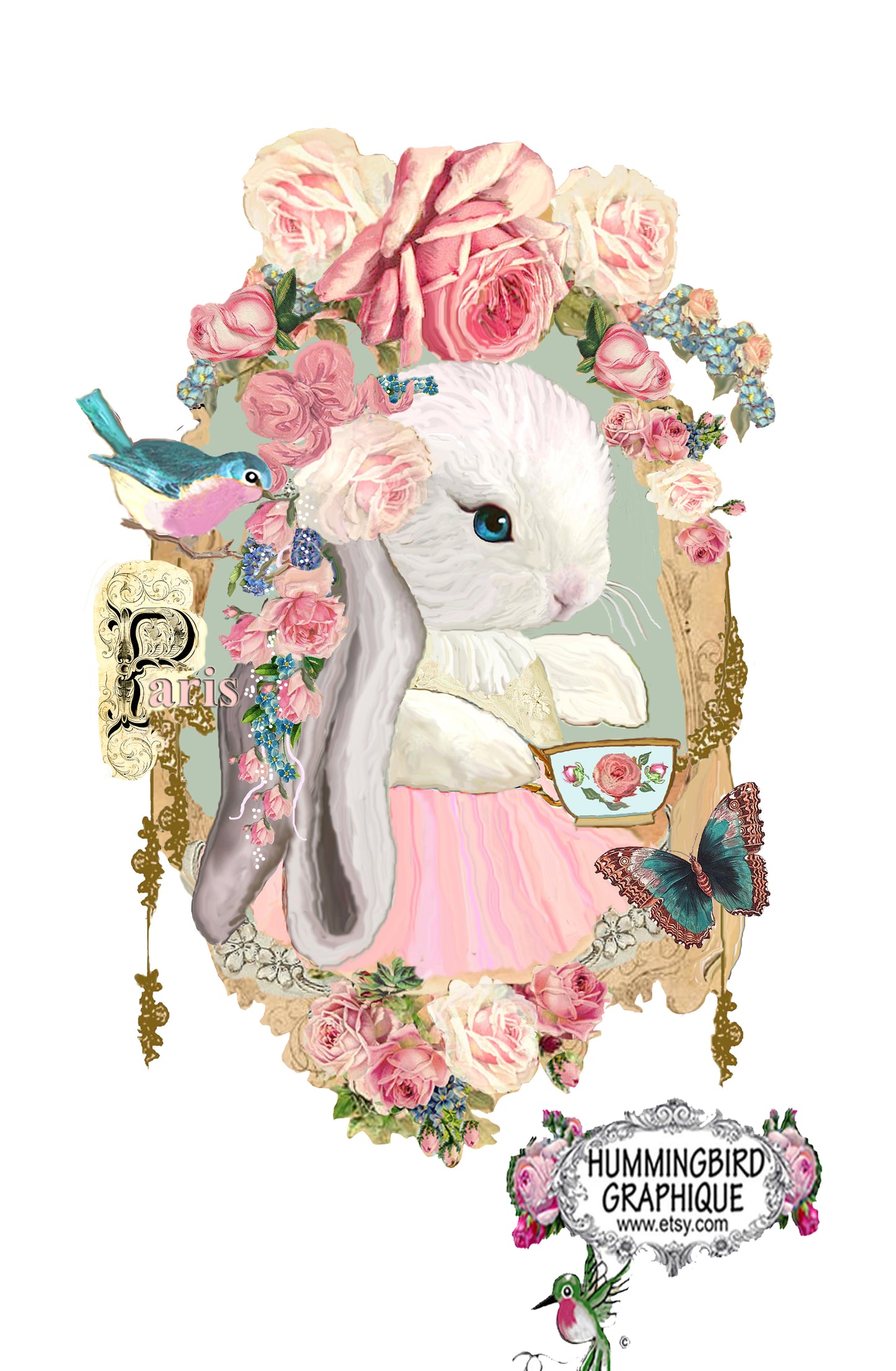 #421 CONEJITO BEBÉ CON PÁJARO AZUL Y ROSAS - HERMOSA IMAGEN SHABBY