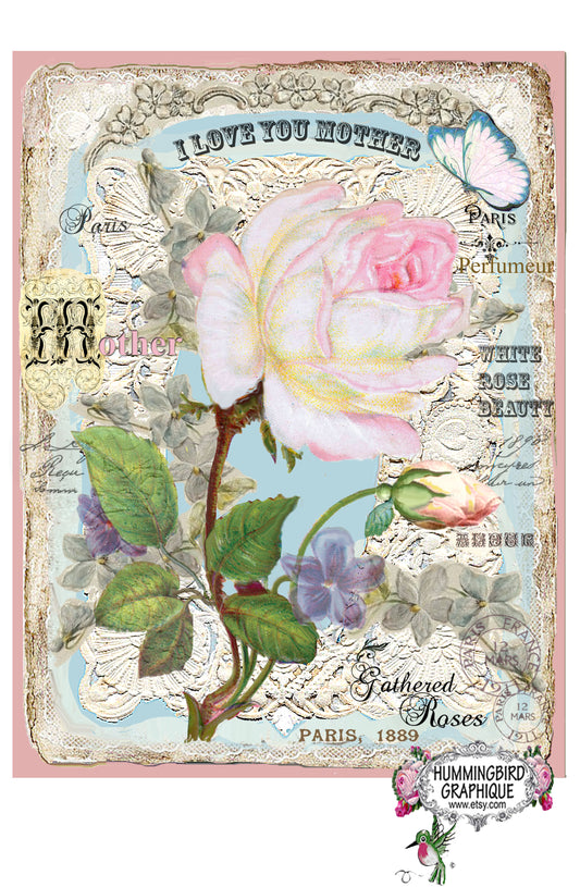 #423 JE T'AIME MÈRE ROSE BLANCHE - BELLE IMAGE SHABBY