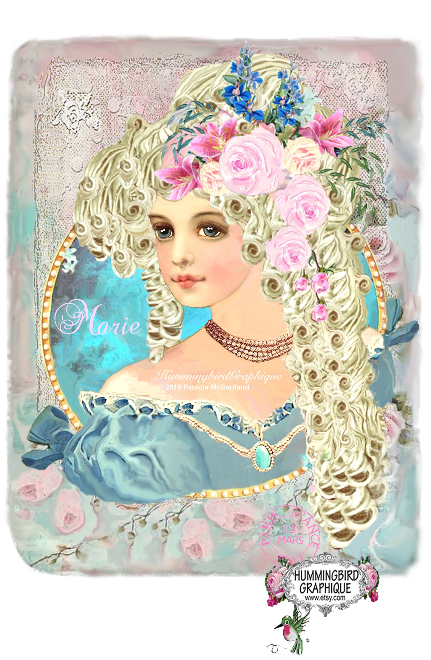 #432 BEAUTIFUL MARIE ANTOINETTE WITH PEARL NECKLACE AND ROSES - BEAUTIFUL SHABBY IMAGE