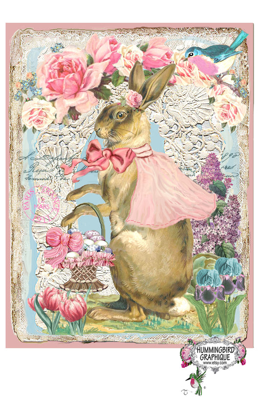 #439 BEAU LAPIN AVEC CAPE ROSE PANIER DE PÂQUES ET MERLE BLEU - IMAGE DE CAMPAGNE