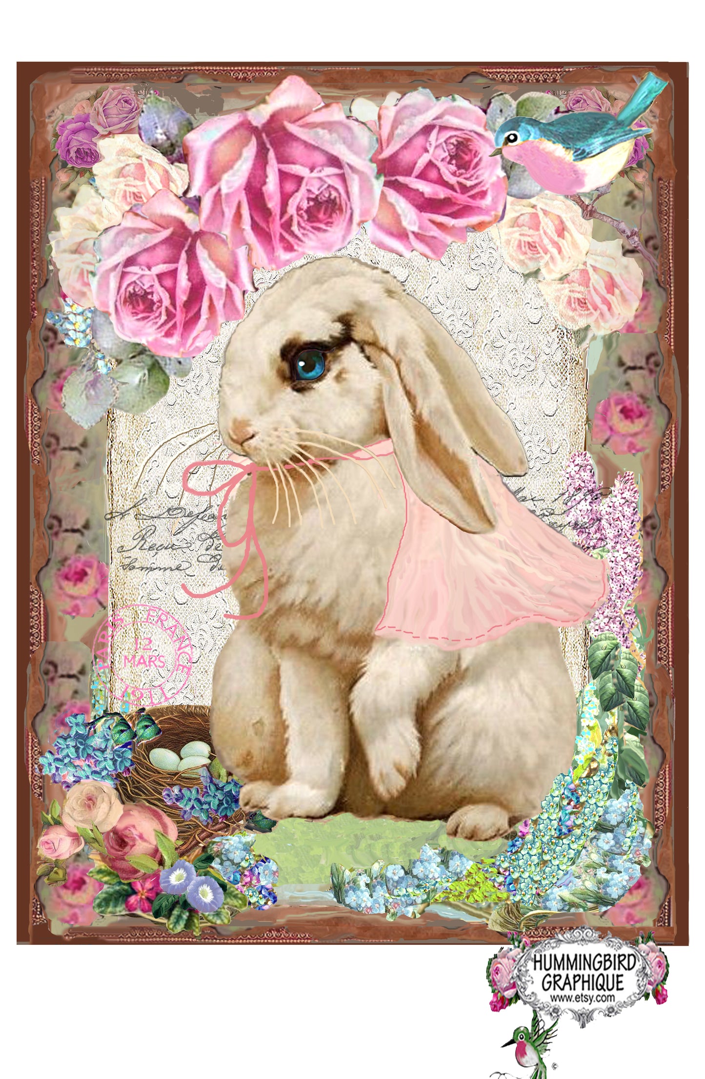 #446 BEAUTIFUL BUNNY WITH BLUEBIRD AND PINK ROSES - BEAUTIFUL SHABBY IMAGE